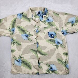 Breakwater Shirt Mens Large Beige Blue Hawaiian Tiki Hula Aloha Luau Rayon Adult